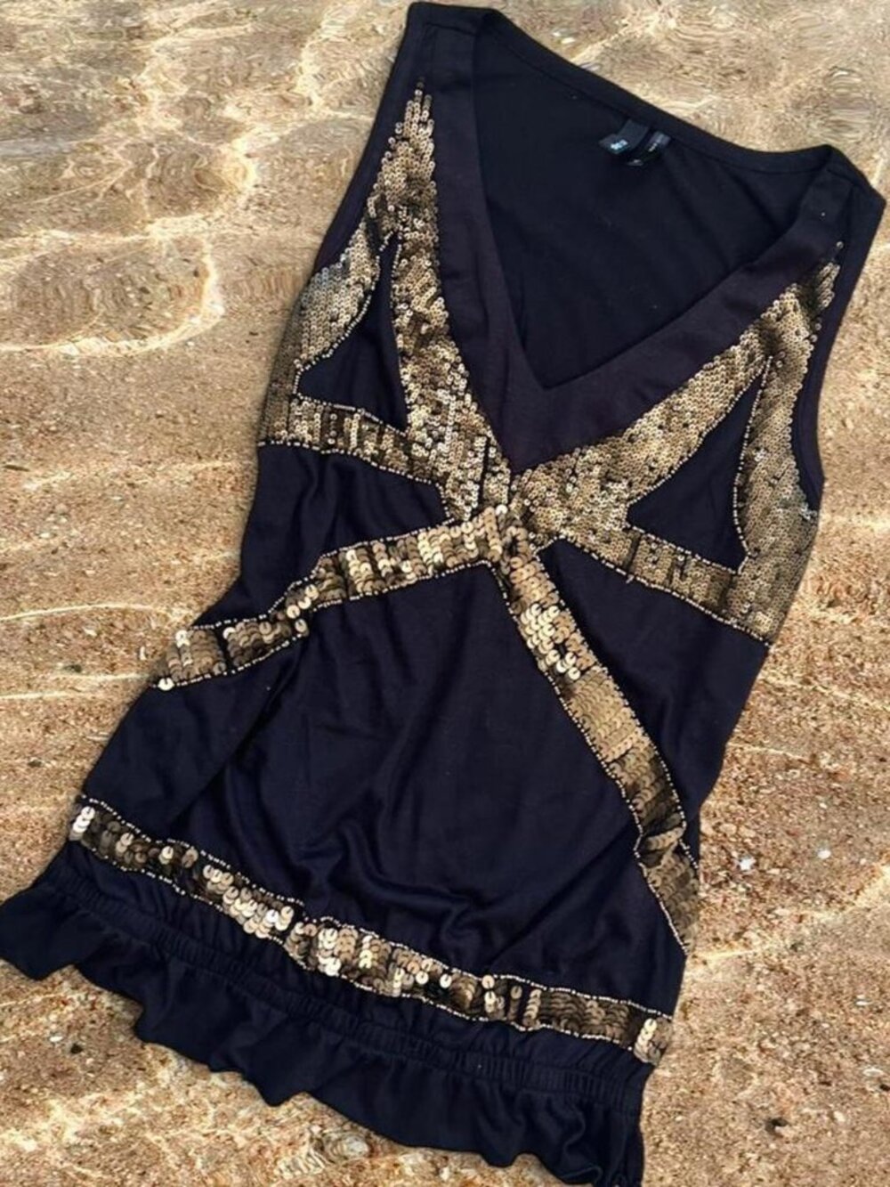 Y2K Black & Gold Sequin Goddess V Neck Tank Top by she said… ⭐️ Fairy Party Top